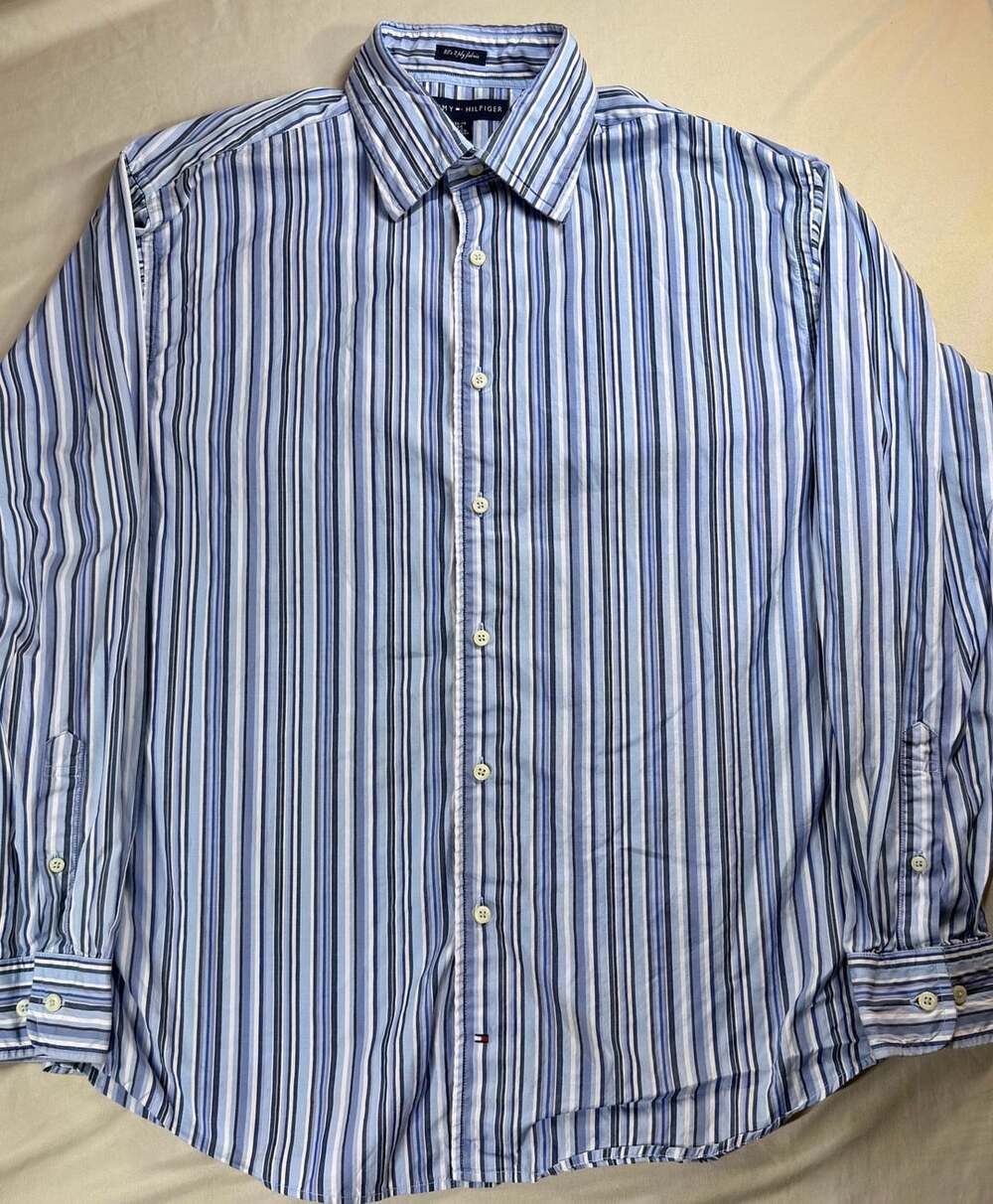 Tommy Hilfiger 80s 2 Ply Fabric Blue Striped Button-Up Dress Shirt Size M